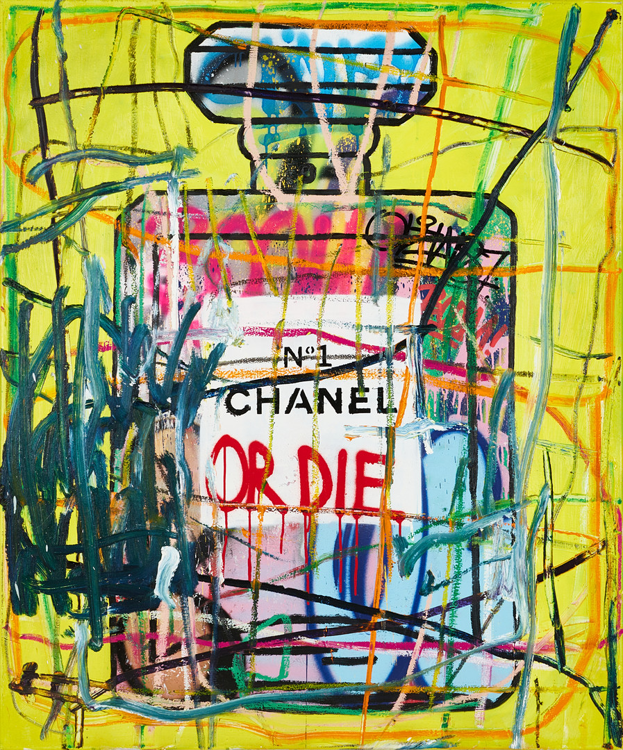 OLIW87 (Tobias Ekman, Sverige, född 1987), CHANEL OR DIE, signerad och daterad Oliw87, 2018, olja och spray på duk.