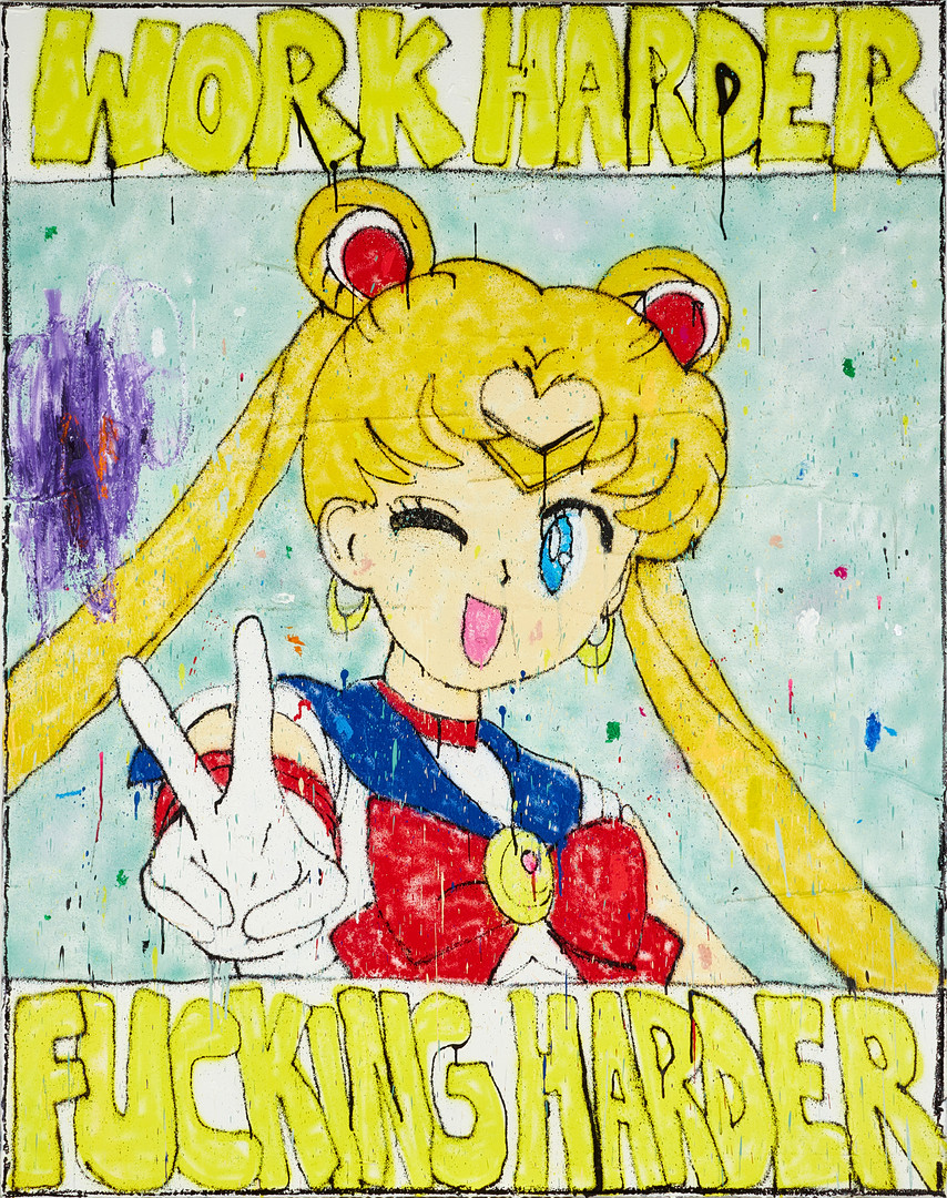 OLIW87 (Tobias Ekman, Sverige, född 1987), WORK HARDER - FUCKING HARDER (Sailor Moon), signerad Oliw87 24, spray, akryl, olja på duk.