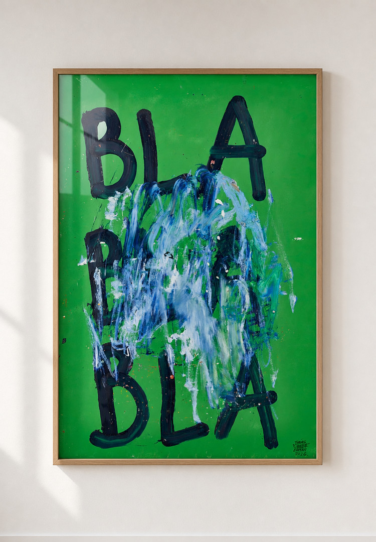 OLIW87 (Tobias Ekman, Sverige, född 1987), "BLA BLA BLA" - mot grönt, signerad och daterad 2026, olja och spray på papper.