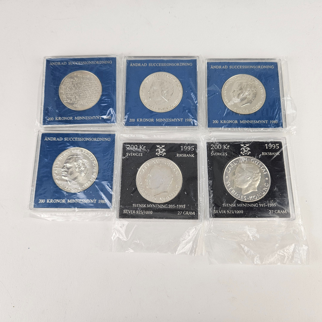 MINNESMYNT, 6 st, silver, 200 kronor, Carl XVI Gustaf, Sverige.
