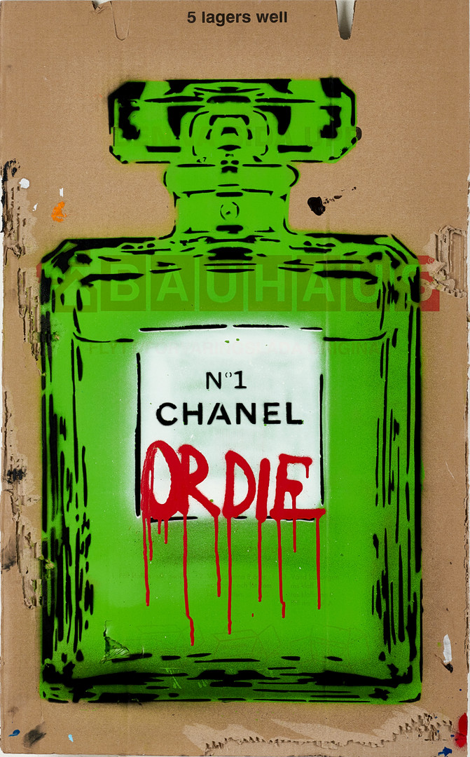OLIW87 (Tobias Ekman, Sverige, född 1987), "CHANEL OR DIE", signerad och daterad 26, original, sprayfärg på kartong.