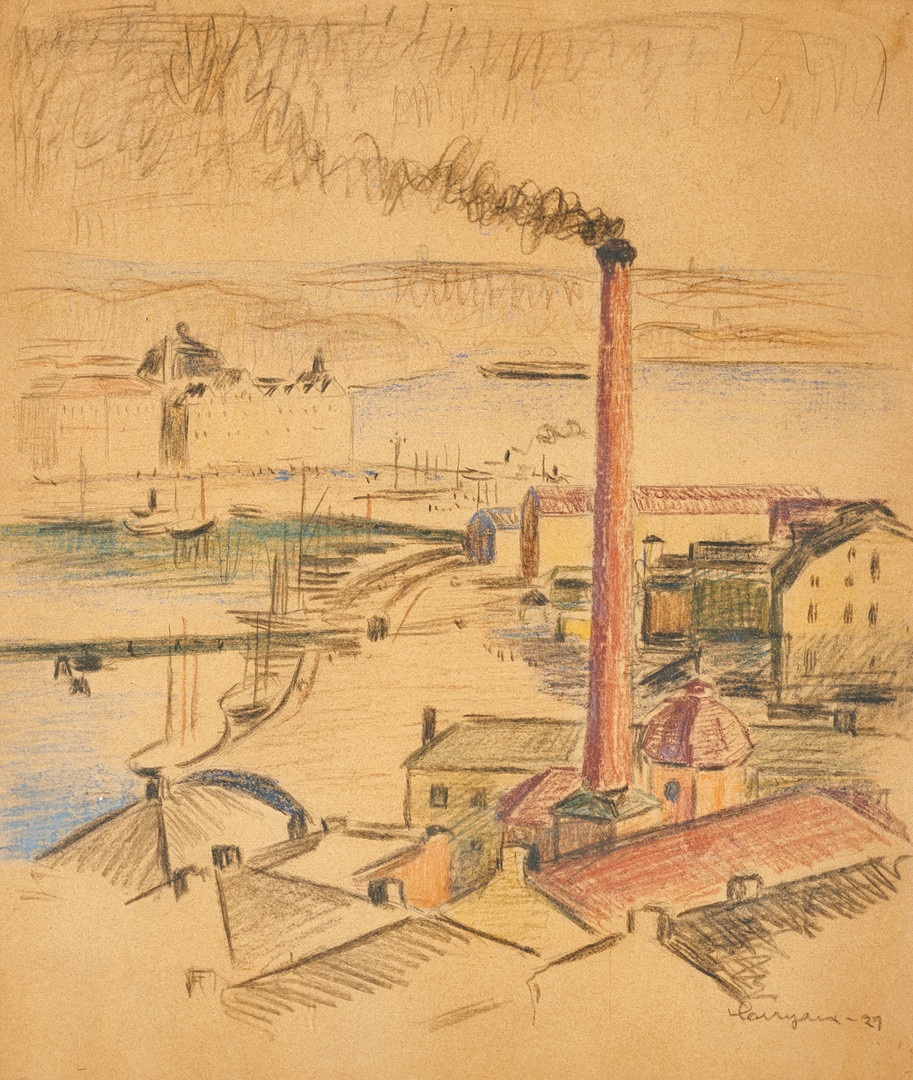HARRY HARRYAN (1895-1948). Stockholmsvy, signerad, daterad -27, färgkrita på papper.