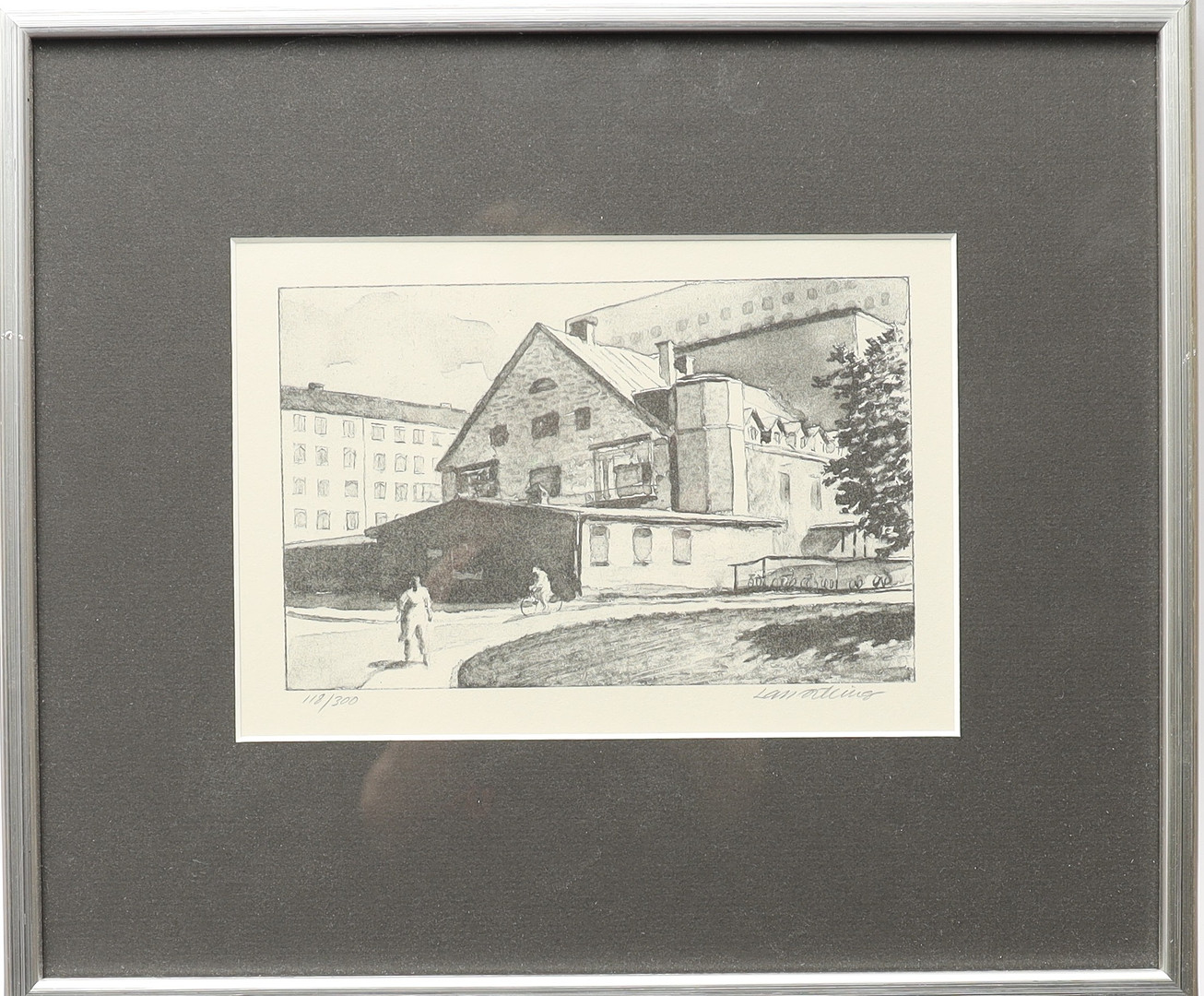 LARS ÖSTLING. Stadsbild med figurer, litografi, signerad och numrerad.