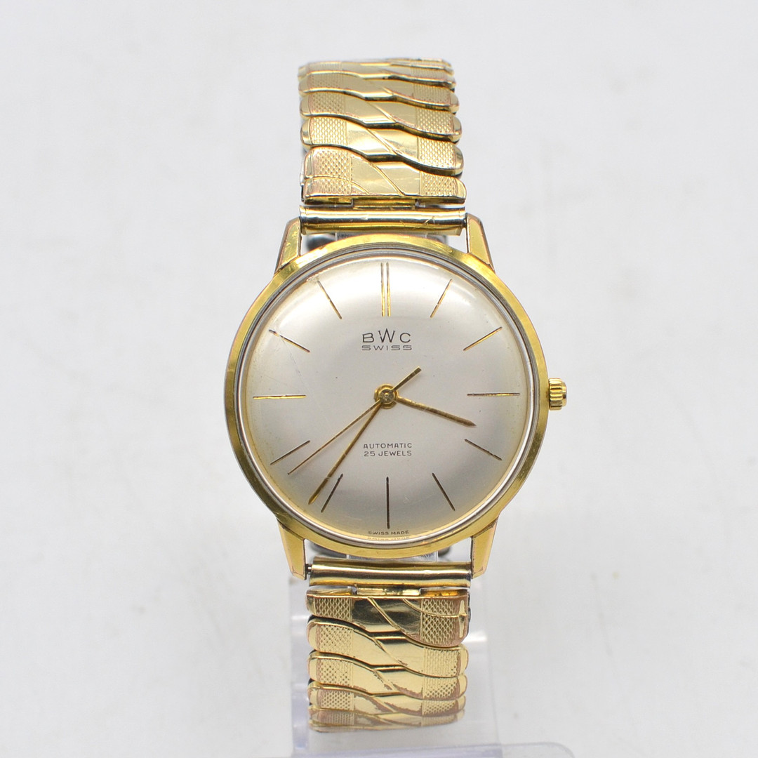 BWC SWISS, ARMBANDUHR, AUTOMATIC, 25 JEWELS, VERGOLDETES GEHÄUSE MIT 20 MICRONS, FLEXBAND, UM 1950ER JAHRE.