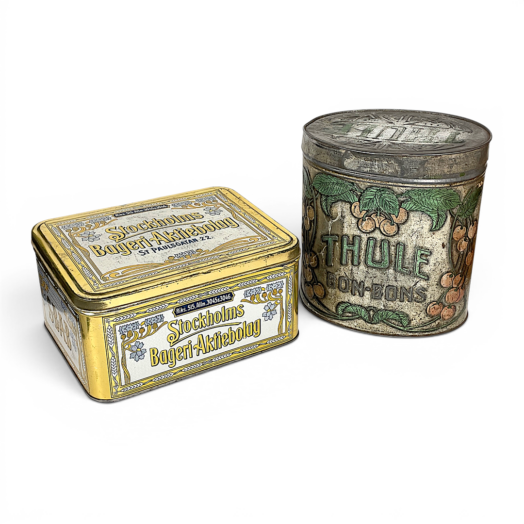 PLÅTBURKAR, 2 st. Thule Bon-Bons, Stockholms Bageri Aktiebolag SBAB, 1900-tal.