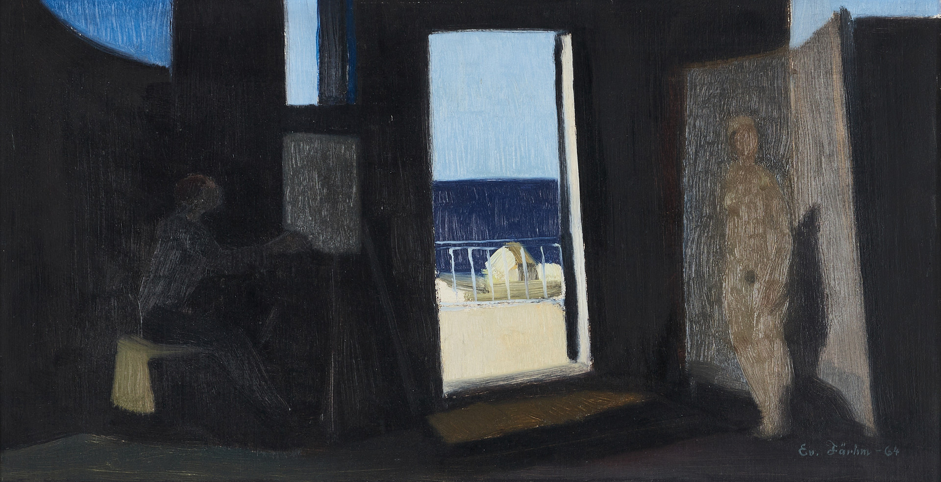 EVERT FÄRHM (SVERIGE, 1901–1971). Ateljé med havsutsikt, signerad, olja på pannå.