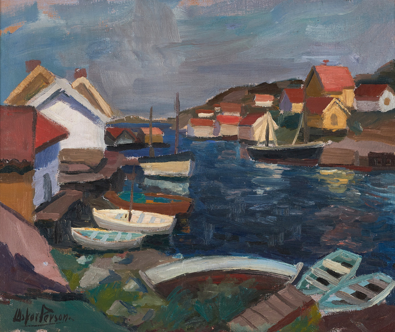 OSKAR PERSSON (1912-1980). "Grundsunds, fiskeläge", signerad, olja på duk.