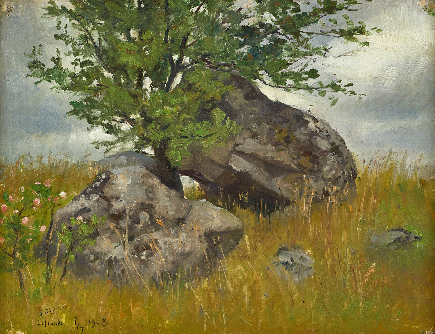 ERIK TRYGGELIN (SVERIGE, 1878–1962). "Stenen", motiv från Ulvsunda (Bromma, Stockholm), signerad och daterad 7/7 1909, olja på duk (lagd på pannå).