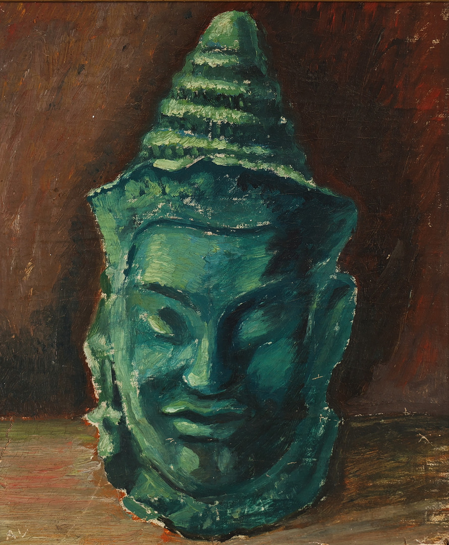 AGNETE VARMING (1897-1983). Motiv med Buddha hoved, olie på lærred, signeret.