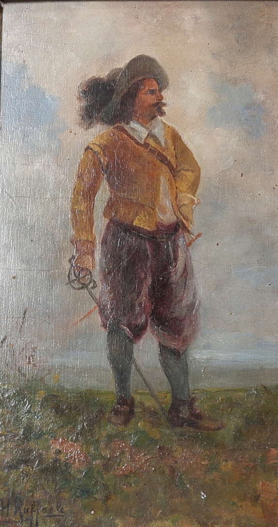 OIDENTIFIERAD KONSTNÄR. Man med svärd, olja på pannå, signerad, 1800-tal.
