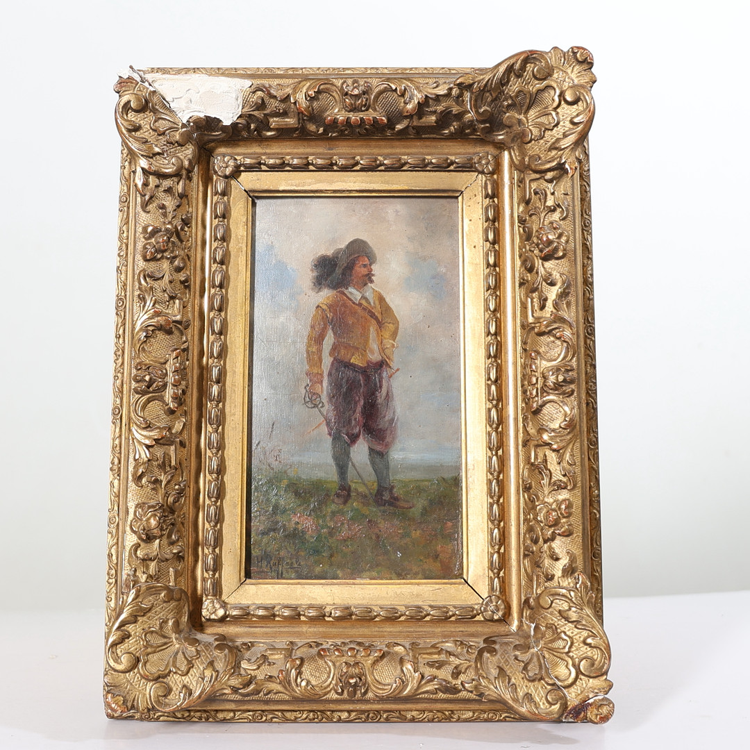 OIDENTIFIERAD KONSTNÄR. Man med svärd, olja på pannå, signerad, 1800-tal.