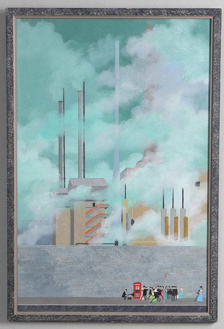 JONATHAN ROUTH (1927-2008). POWER STATION WITH COUPLES DANCING TO A GRAMOPHONE IN THE FOREGROUND.