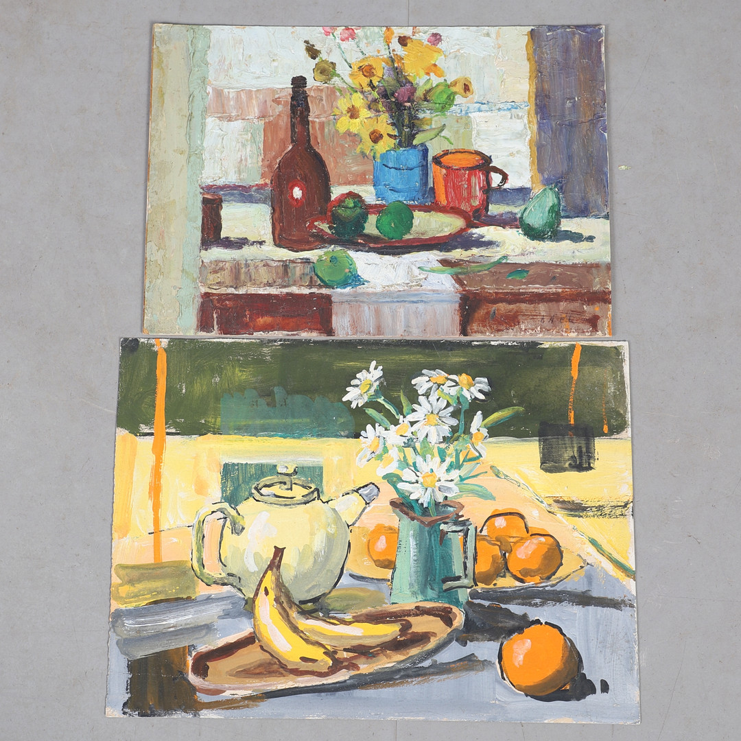 DEREK ARTHUR EDE (1922-1983). STILL LIFE WITH FRUIT & BOTTLE; STILL LIFE WITH BANANAS, TEAPOT & OX-EYE DAISIES (2).