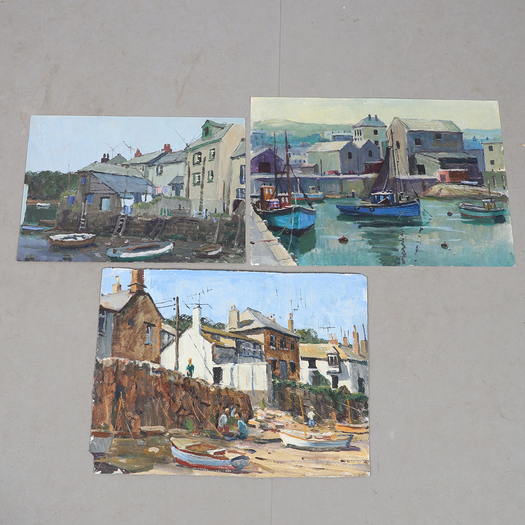DEREK ARTHUR EDE (1922-1983). POLPERRO; HARBOUR SCENE WITH BOATS; LOW TIDE WITH BOATS & COTTAGES BEYOND (3).