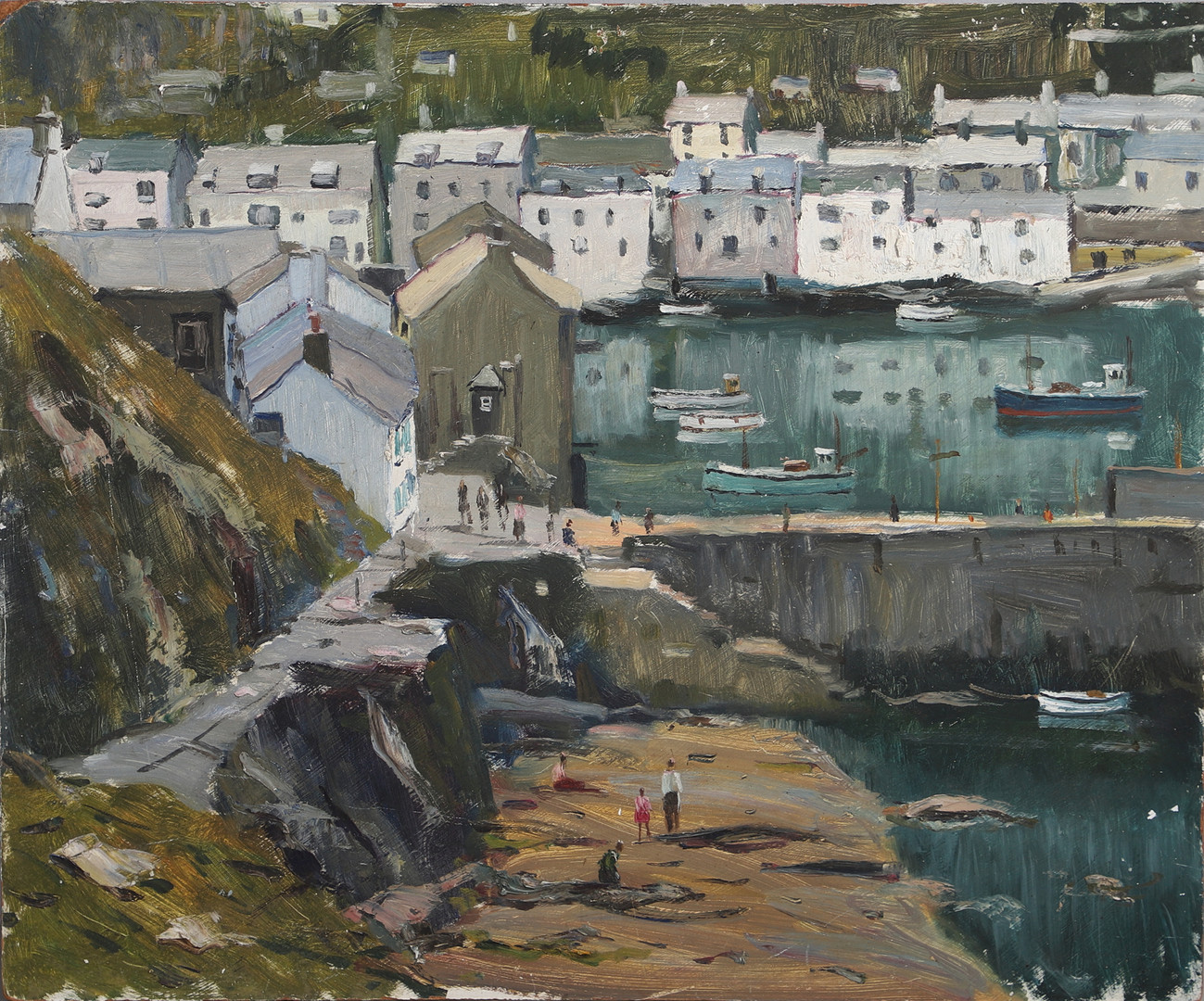 DEREK ARTHUR EDE (1922-1983). CORNISH HARBOUR SCENE WITH FIGURES ON THE FORESHORE.