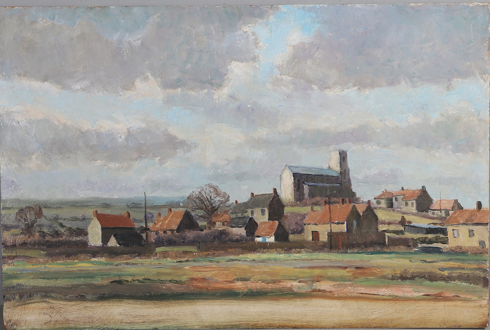 DEREK ARTHUR EDE (1922-1983). VILLAGE SCENE WITH A CHURCH IN THE DISTANCE.