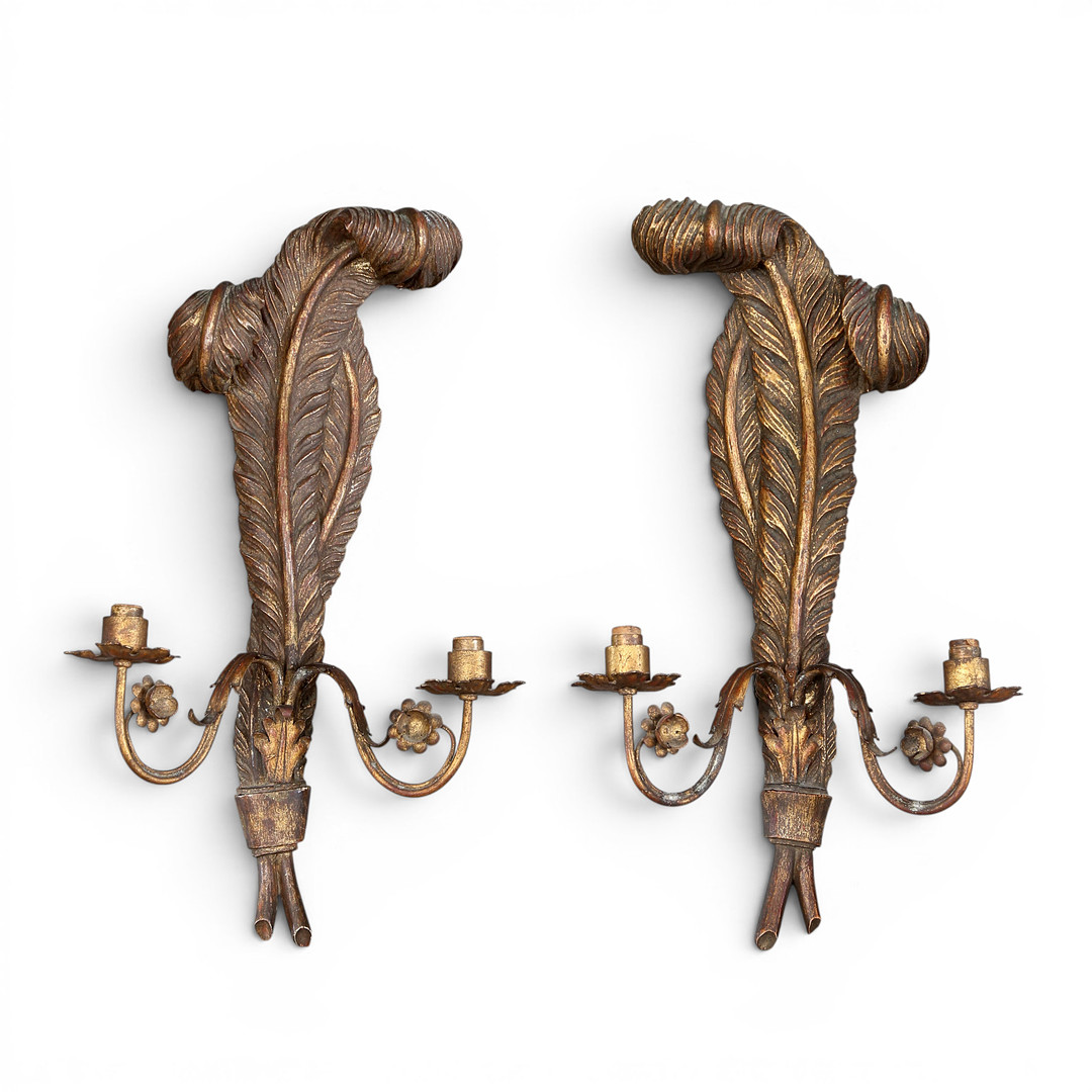 Pair of carved and gilt wood wall lamps, 20th Century.