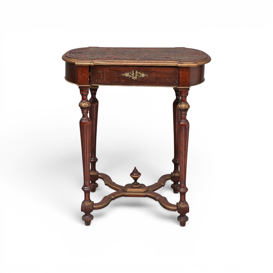 Napoleon III-style sewing table in ebonized wood with Boulle-style marquetry in tortoiseshell and zinc, 20th century.