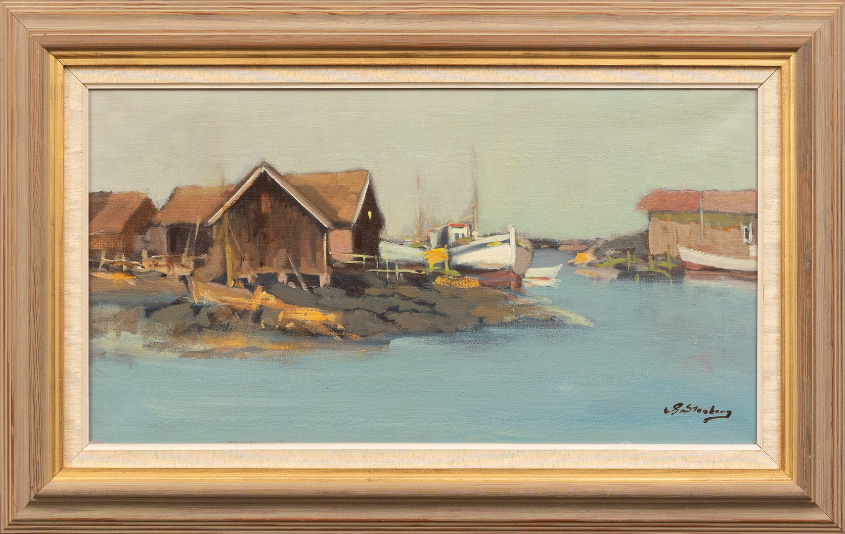 GUSTAV STENBERG. Fiskeläge, olja på duk, signerad.