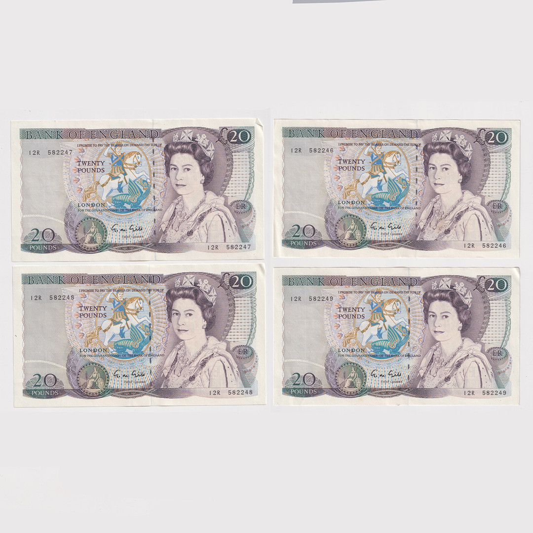 FOUR BANK OF ENGLAND, GEORGE M. GILL £20 CONSECUTIVE UNCIRCULATED BANKNOTES (4).
