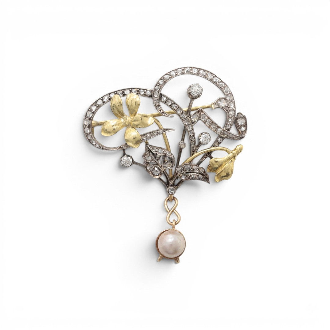 Modernist diamonds and pearl brooch, early 20th Century.