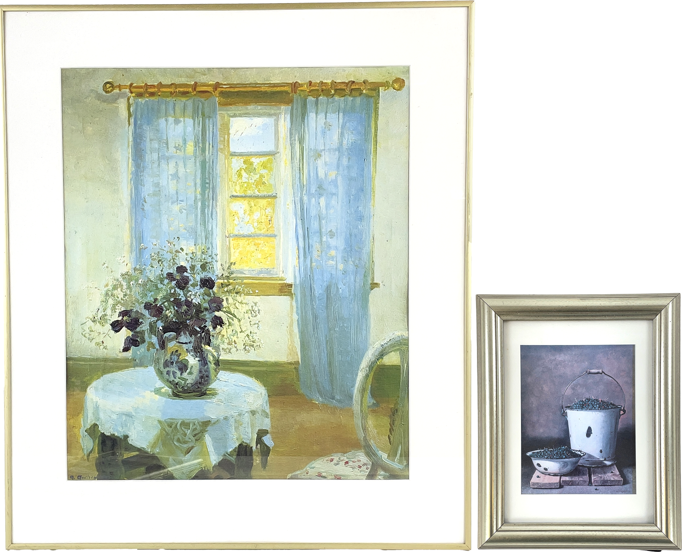 REPRODUKTIONER, 2 st, Efter, Anna Ancher (1859 - 1935), "Interiör med klematis" från 1913, signerad i trycket samt Sven-Olof Ivarsson (1936-2007), blåbär, signerad i trycket.