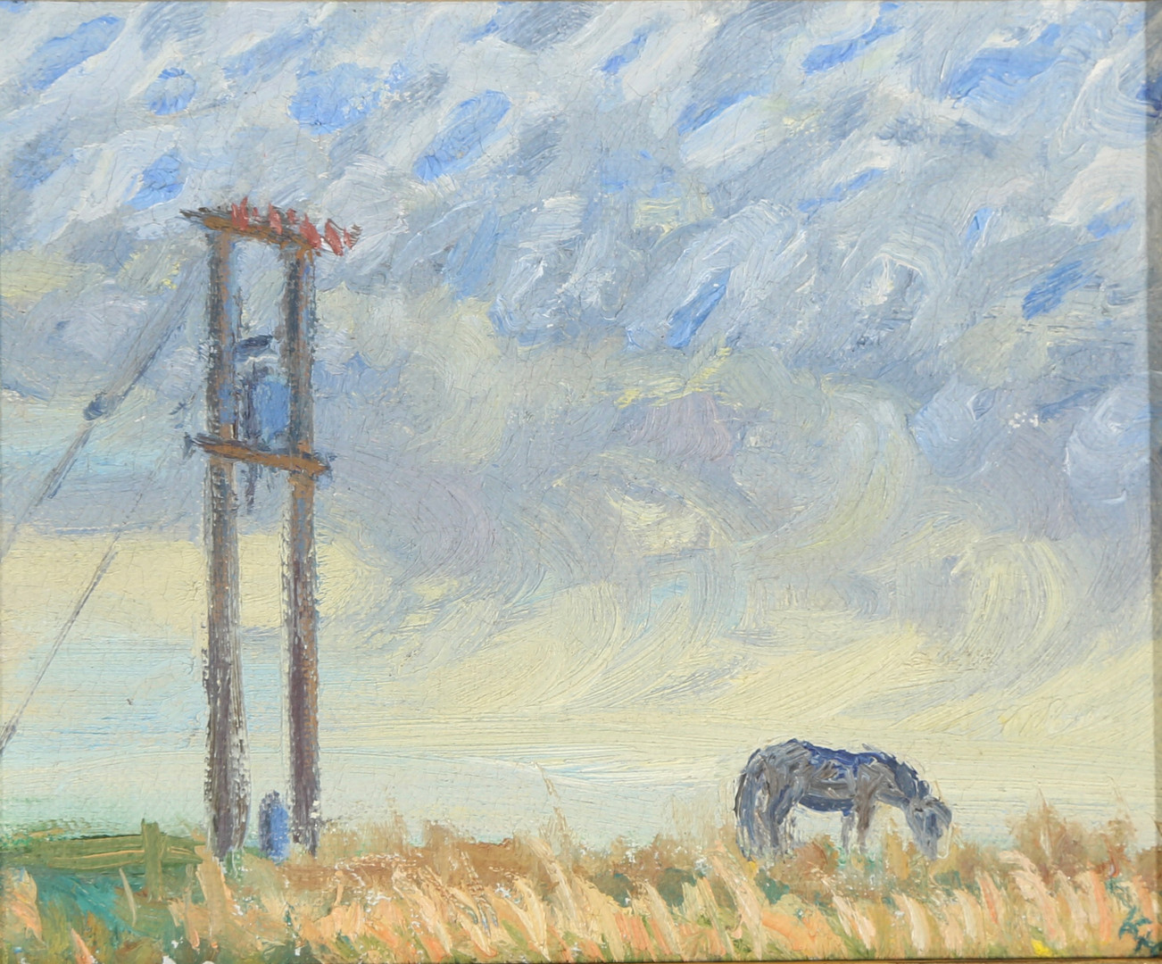 KJELD HELTOFT (F. 1931). Marklandskab med græssende hest og elmast, olie på masonit.
