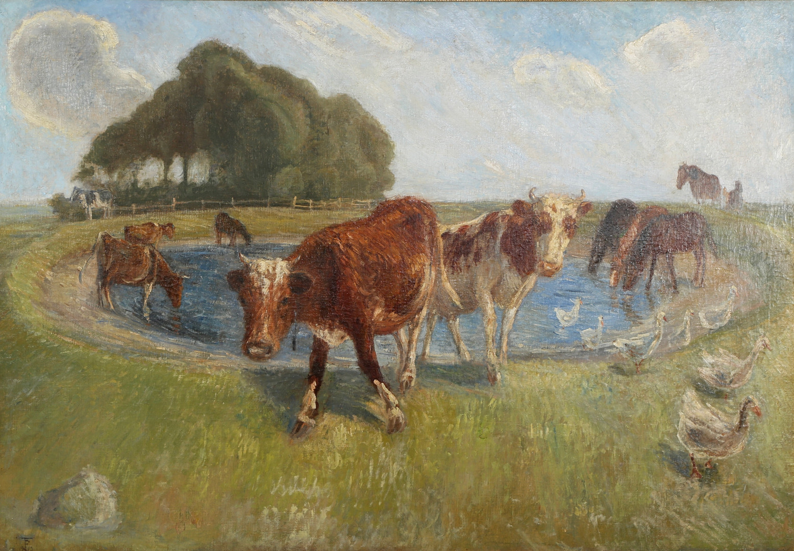 THEODOR PHILIPSEN (1840-1920). Parti fra Saltholm med køer, heste og ænder, olie på lærred, 1913.