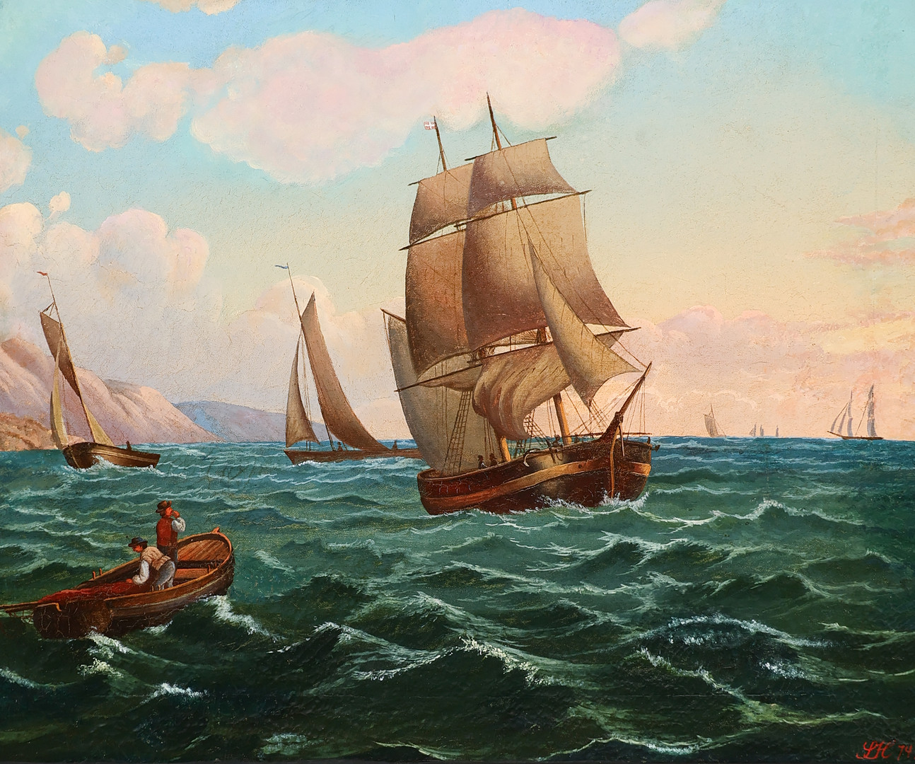 UBEKENDT KUNSTNER. Marinemotiv, olie på lærred monteret på plade, signeret og dateret 1874.