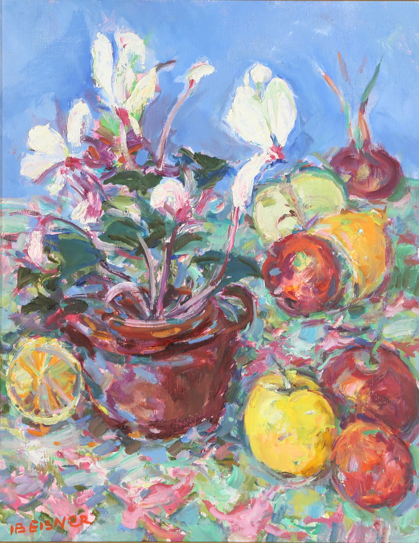 IB EISNER (1925-2003). Opstilling med blomster og frugter, olie på lærred.