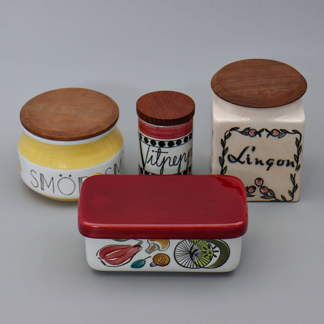MARIANNE WESTMAN, RÖRSTRAND, 3 DELAR "RIA", "SMÖR" & "AROM", SAMT GEORG WIDE, BURK MED LOCK "LINGON", DECO, HÄLSINGBORG, 1900-TAL.