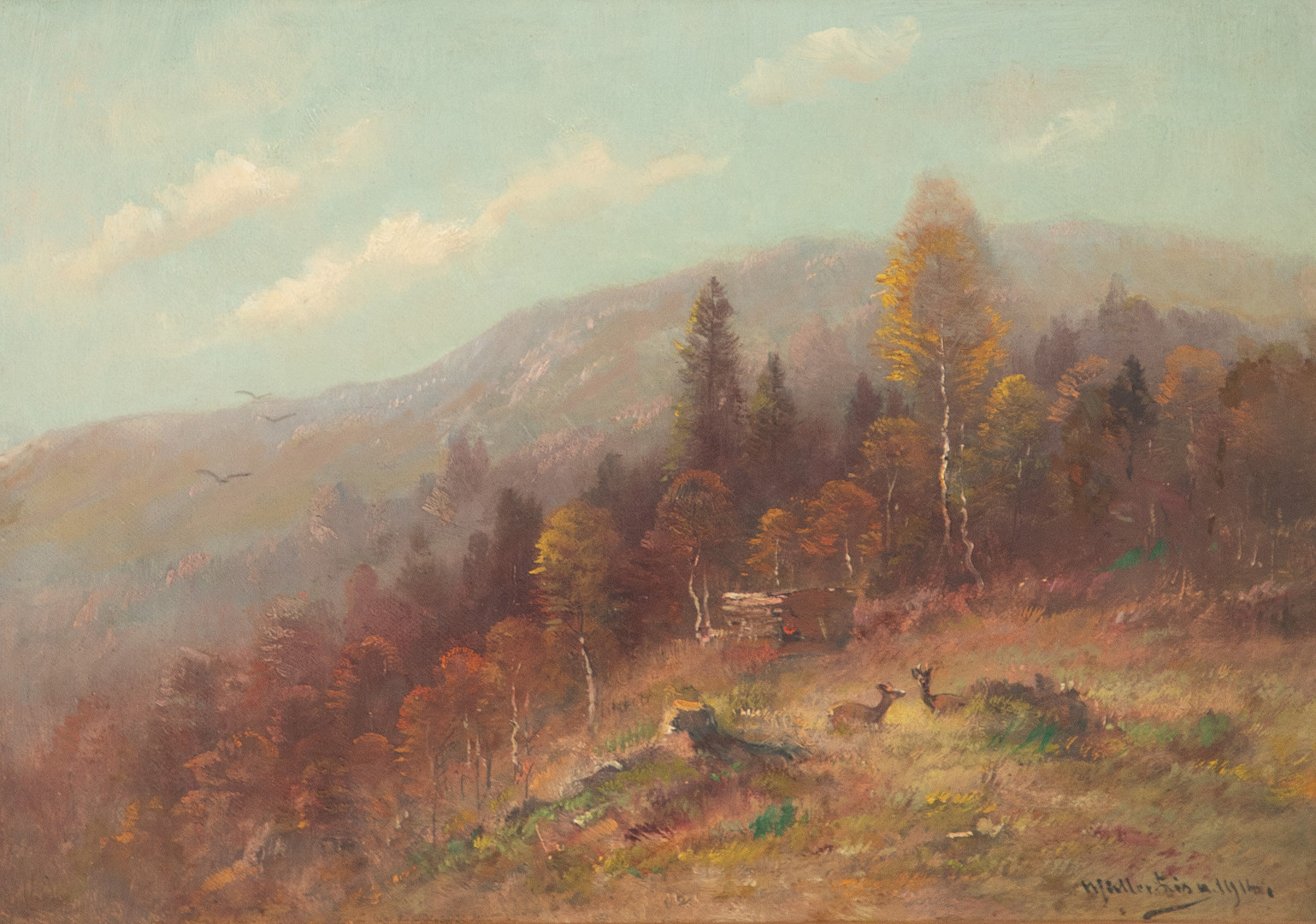UNBEKANNTER KÜNSTLER. Rehe in einer Gebirgslandschaft.
