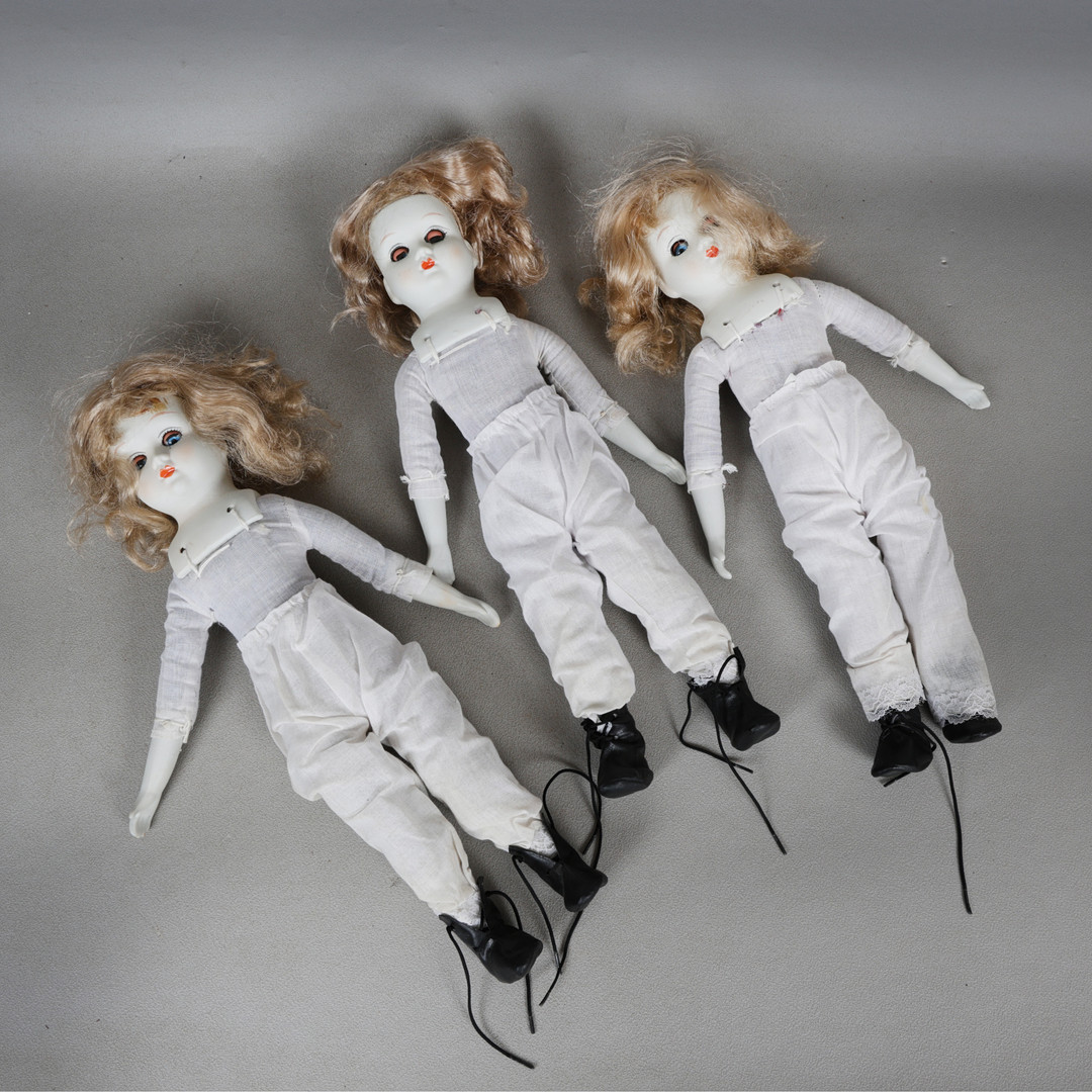 THREE BISQUE HEADED DOLLS (3).