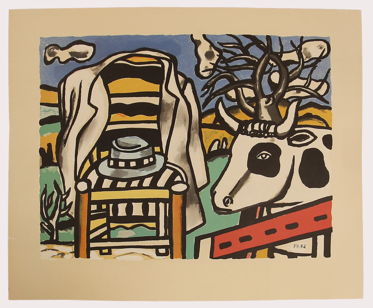 FERNAND LÉGER. Efter, tryck, "Chaise, chapeau et vache dans un paysage". Signerad i trycket.