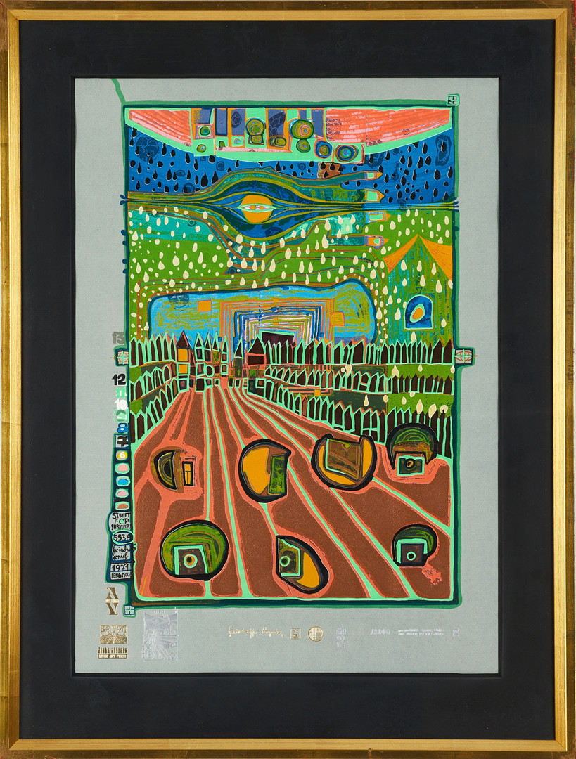 FRIEDENSREICH HUNDERTWASSER (1928-2000). "Strasse der Überlebenden", ur Regentag (Look at it on a Rainy Day), numrerad 02524/3000, färgserigrafi med metallprägling.
