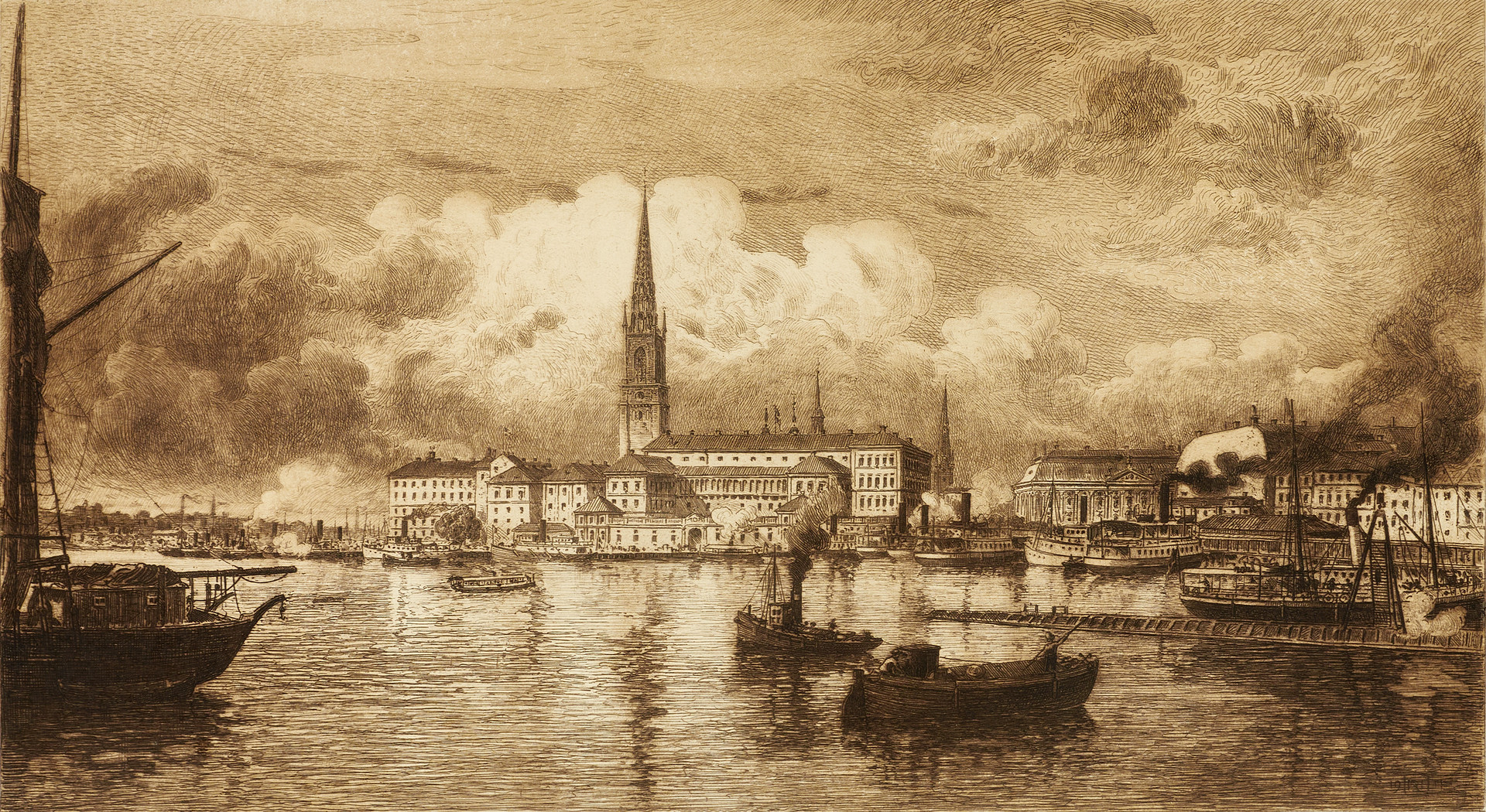 ROBERT HAGLUND (1844–1930). Stockholmsvy, signerad, etsning.