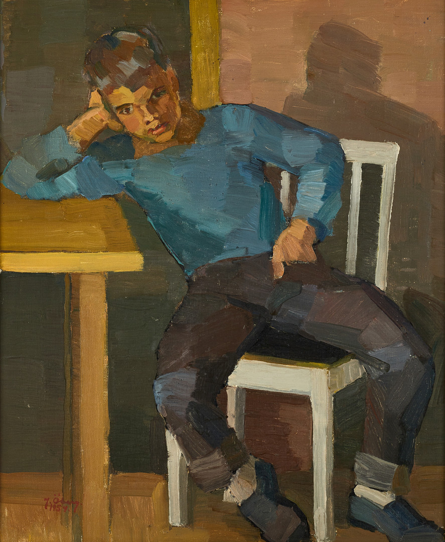 JOSEF ÖBERG (1890-1967), Sittande pojke i blå tröja, signerad och daterad 1954, olja på pannå.