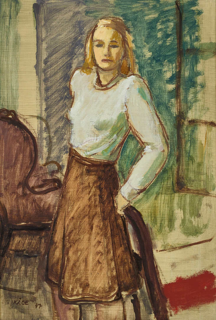 WILHELM KÅGE (1889-1960), Stående kvinna - interiör, signerad KÅGE, olja på pannå.