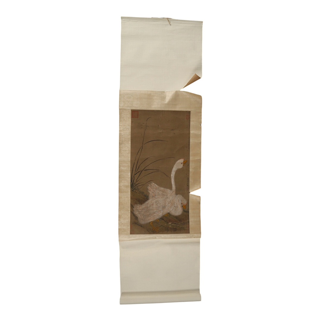Kinesisk scroll, svanepar, gouache på papir på silke, 1800-tallet.