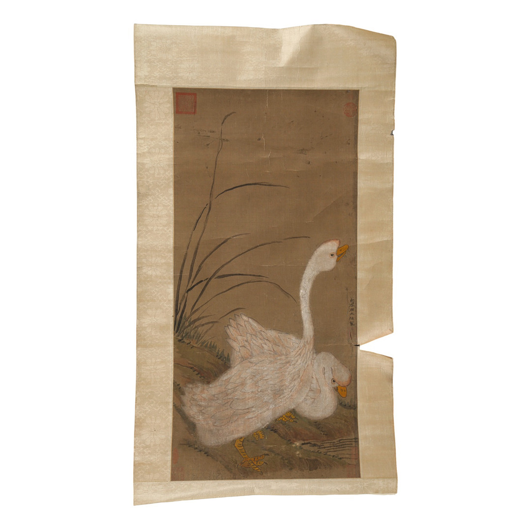 Kinesisk scroll, svanepar, gouache på papir på silke, 1800-tallet.