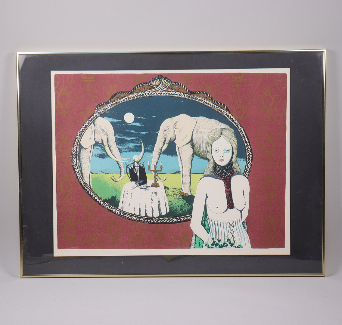 BERT-JOHNNY NILSSON. litografi, surrealistisk figurkomposition.