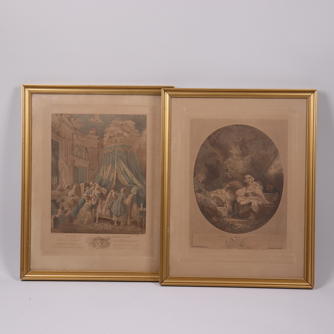 KOPPARSTICK, 2 st, Jean Honore Fragonard, efter, "La Bonne Mere" och Pierre Antoine Baudouin, efter, "Le Coucher de la Mariee"1700/1800-tal.