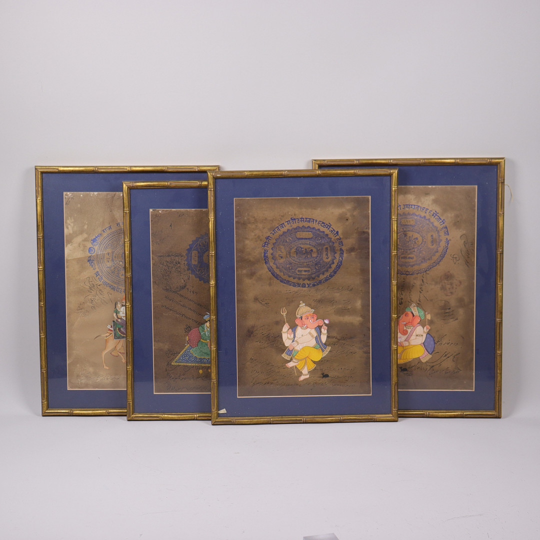 MINIATYRMÅLNINGAR, gouache, Indien, på officiella domstolsdokument, 1900-tal, 4st.