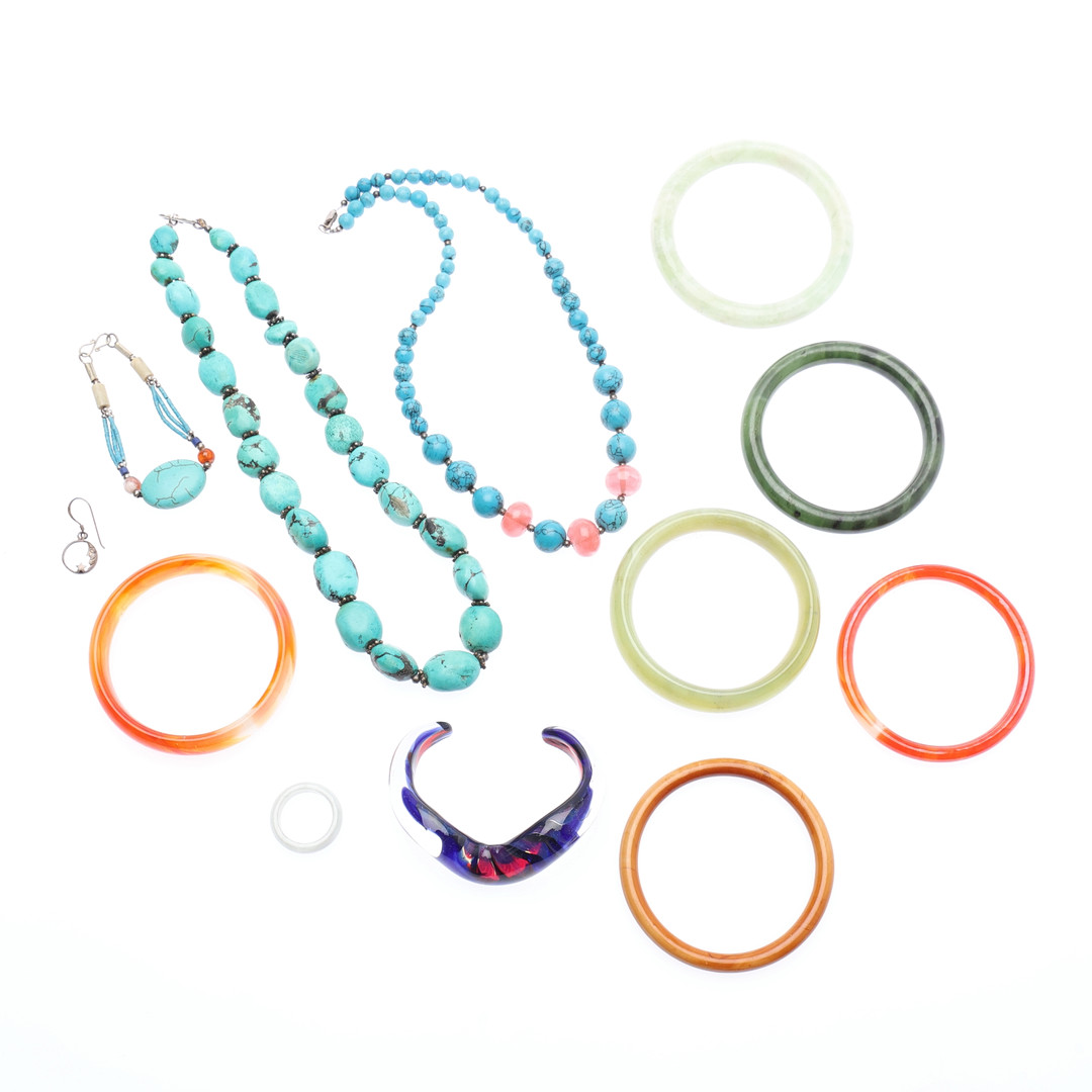 TWO TURQUOISE NECKLACES, A SIMILAR SMALL BRACELET, SIX BANGLES INCLUDING JADE (A LOT).