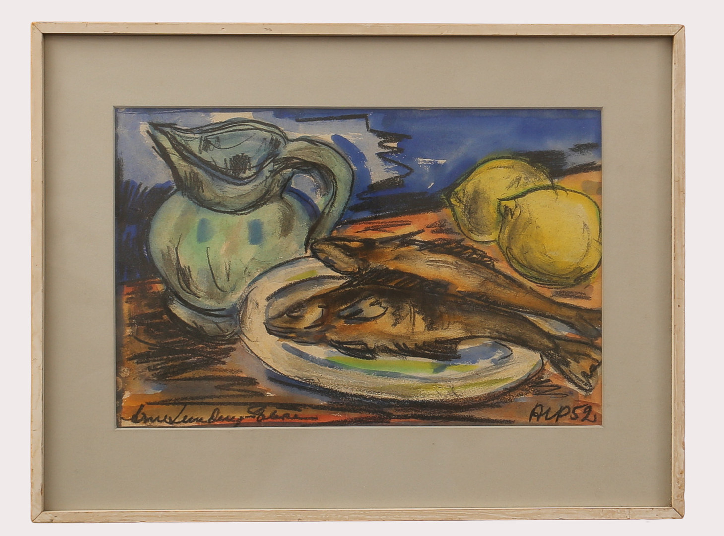 OIDENTIFIERAD KONSTNÄR. Pastell, stilleben med fiskar och citroner, signerad ALP, daterad 1952.