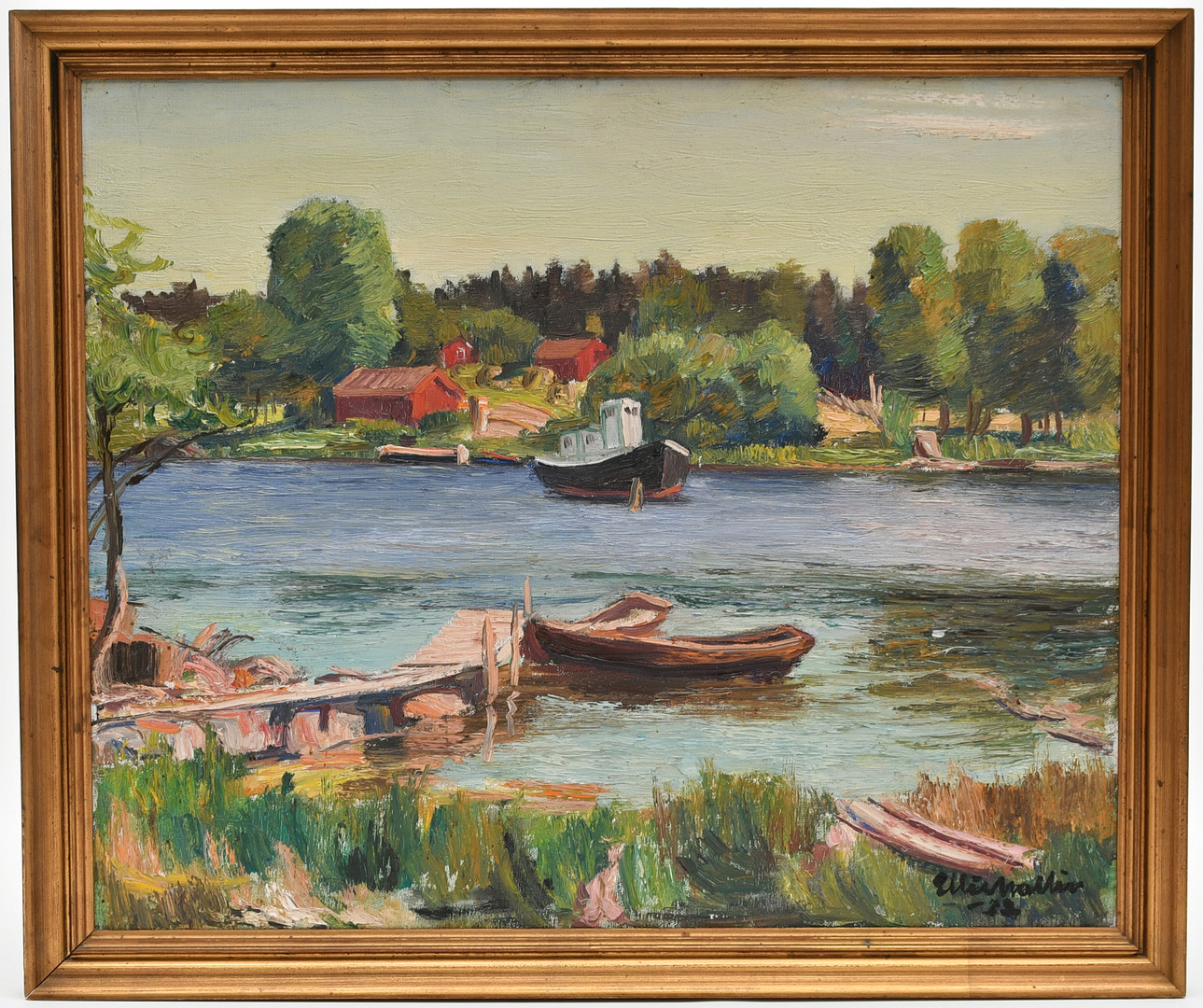 ELLIS WALLIN. Olja på duk. Båt i kanal.