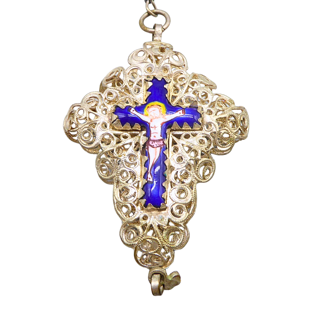 ANTIKER ROSENKRANZ MIT GRANATFARBENEN GLASPERLEN.
