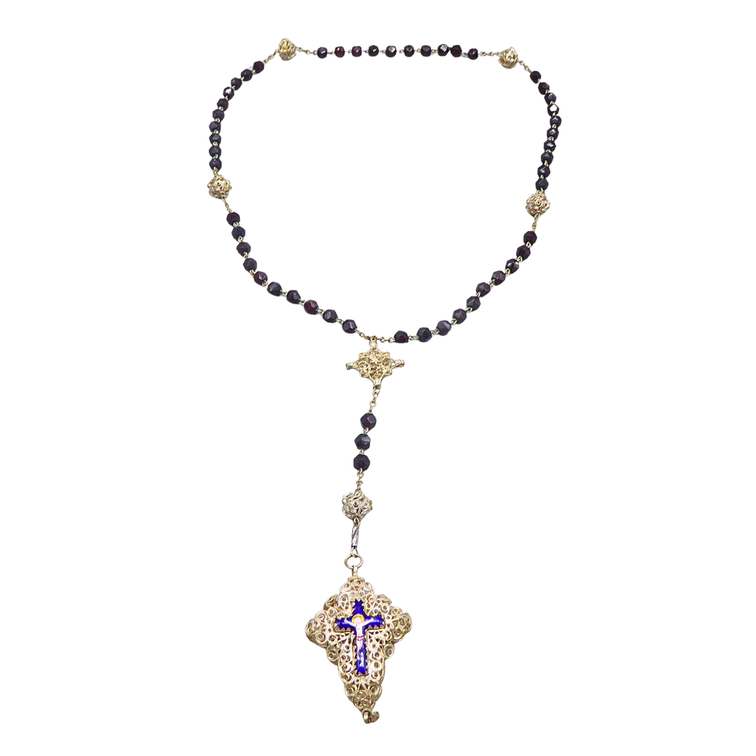 ANTIKER ROSENKRANZ MIT GRANATFARBENEN GLASPERLEN.