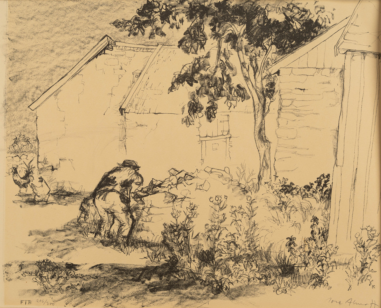TORE AHNHOFF. Grafiskt blad, Gårdsmotiv.