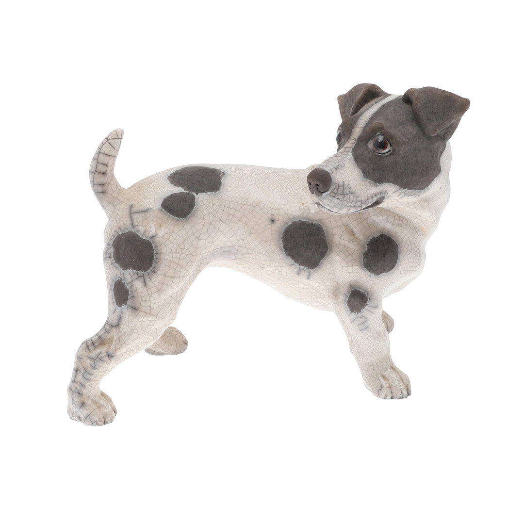 KEZA RUDGE (B. 1966). A RAKU FIRED STUDIO POTTERY MODEL OF A JACK RUSSELL TERRIER.